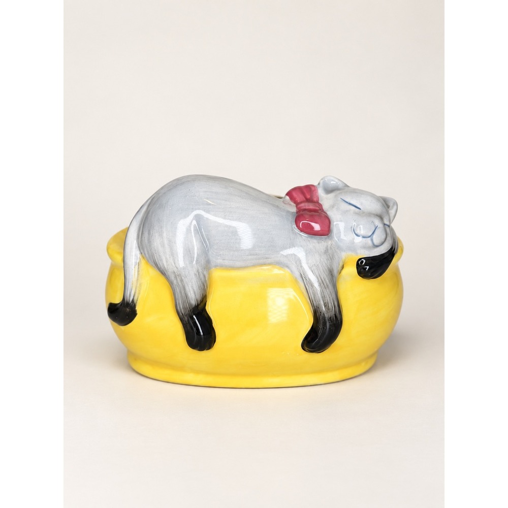 Joseph Enterprises Ceramic Sleeping Cat Planter Yellow Bowl Grey Kitty 6 Inch